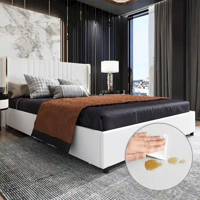 Estructura de cama moderna iluminada con detalles dorados - Diseño tapizado elegante