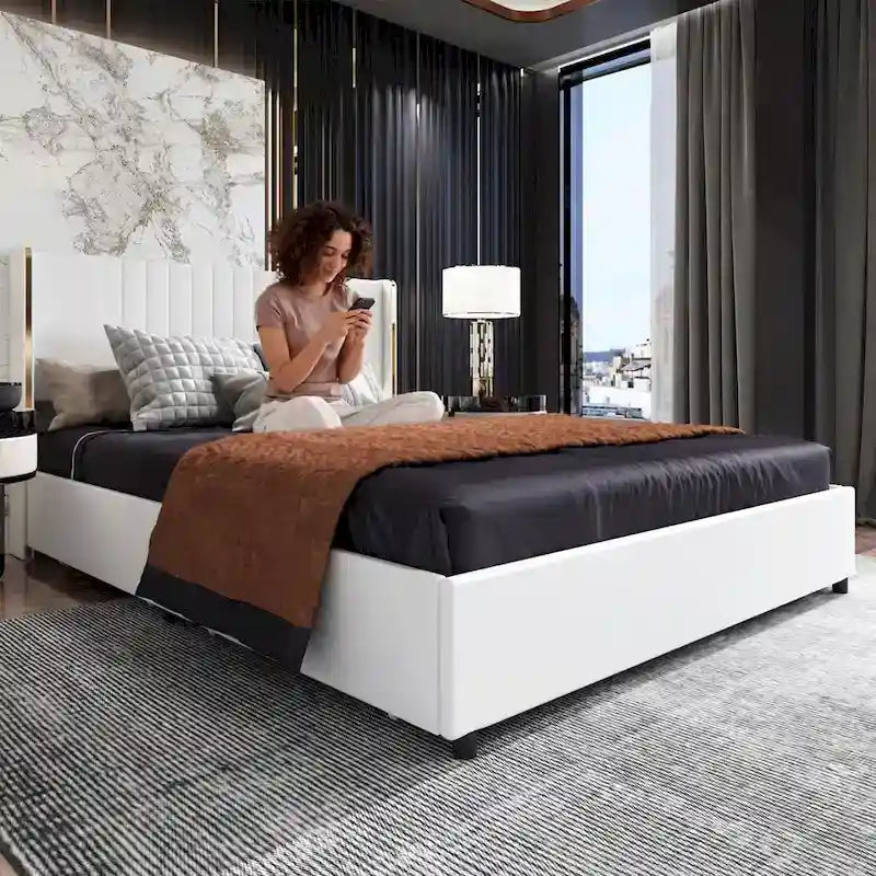 Estructura de cama moderna iluminada con detalles dorados - Diseño tapizado elegante