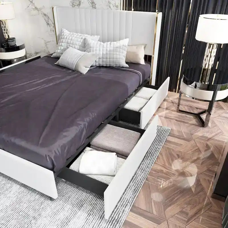 Estructura de cama moderna iluminada con detalles dorados - Diseño tapizado elegante