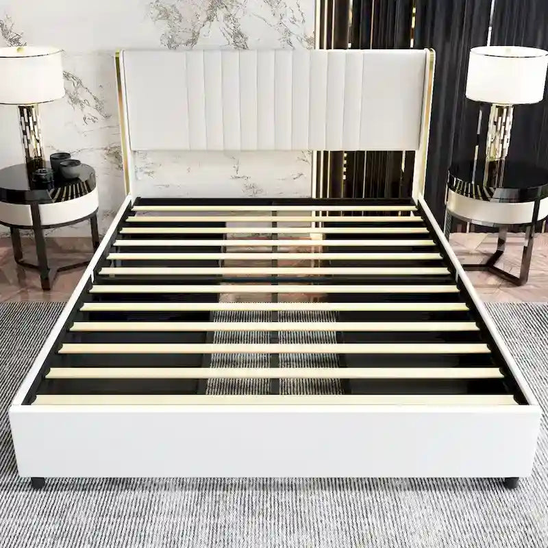 Estructura de cama moderna iluminada con detalles dorados - Diseño tapizado elegante