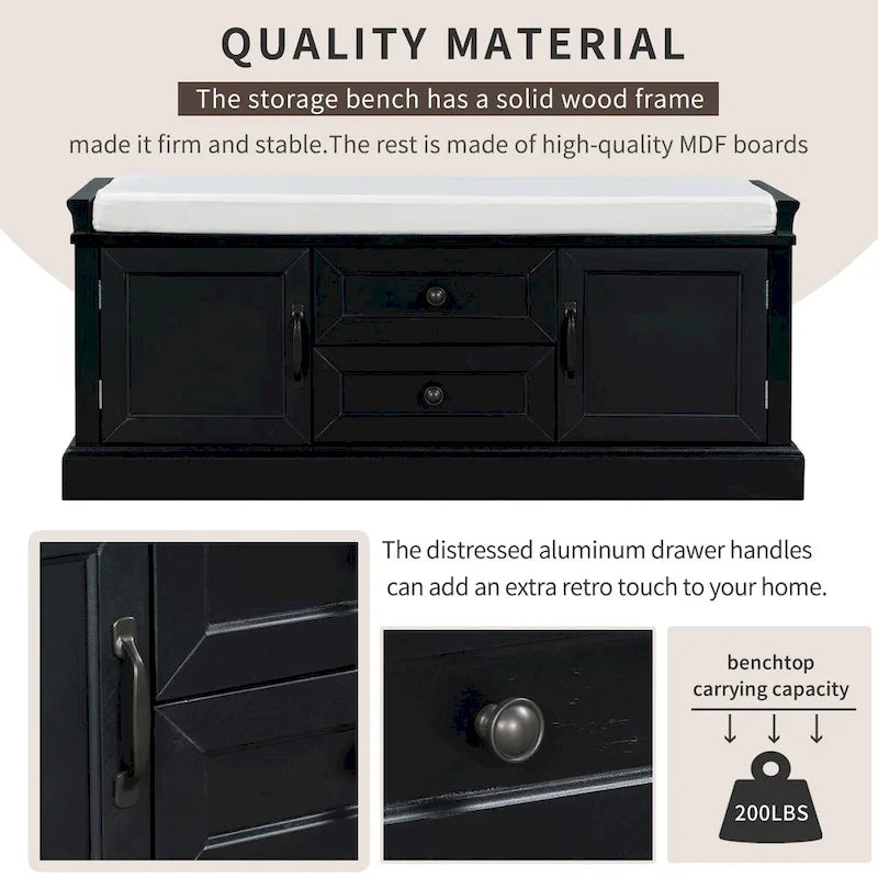 Storage Shoes Bench with 2 Drawers, 2 Cabinets and Removable Cushion