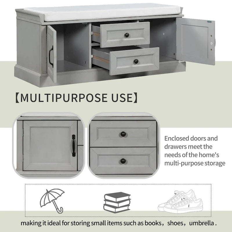 Storage Shoes Bench with 2 Drawers, 2 Cabinets and Removable Cushion