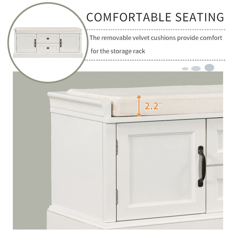 Storage Shoes Bench with 2 Drawers, 2 Cabinets and Removable Cushion