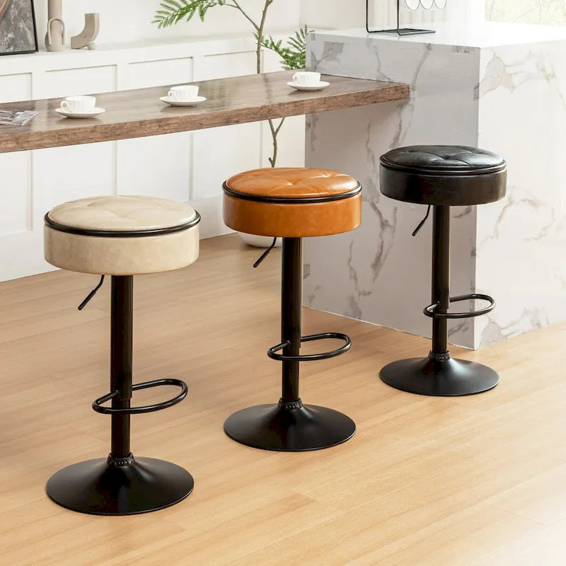 Round Storage Bar Stool Set of 2, Faux Leather Height Adjustable Barstool, 360Counter Height Swivel Stool, Armless Bar Chair