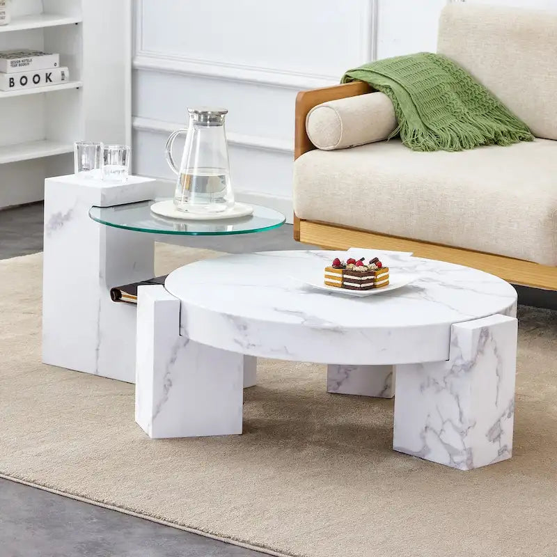 Marble textured MDF coffee table with a side table. Match with multiple scenes Suitable for living room and bedroom