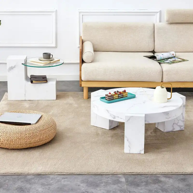 Marble textured MDF coffee table with a side table. Match with multiple scenes Suitable for living room and bedroom
