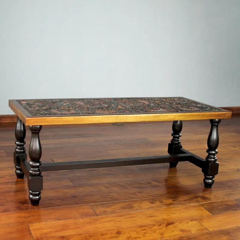 Handmade Andean Birds Hand Tooled Leather Brown Mohena Wood Coffee Table (Peru) - 18 H x 47 W x 19.75 D