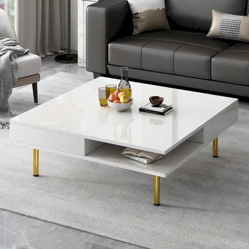 High Gloss Coffee Table: 4 Golden Legs, 2 Drawers, 2-Tier Square Design