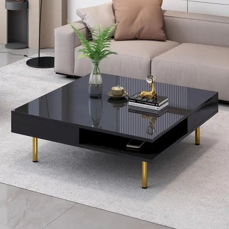 High Gloss Coffee Table: 4 Golden Legs, 2 Drawers, 2-Tier Square Design