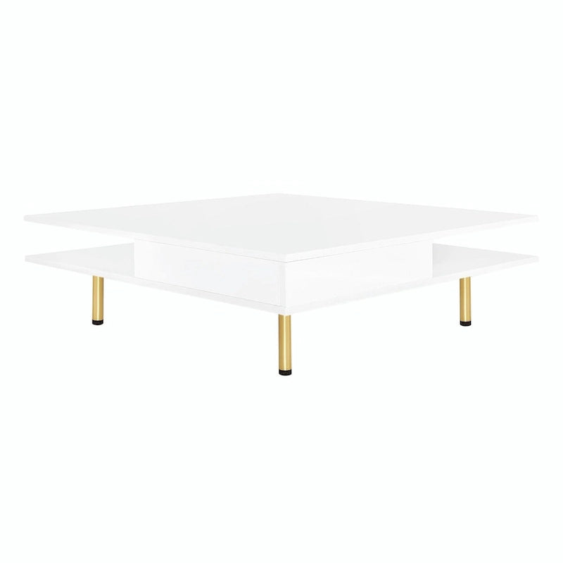 High Gloss Coffee Table: 4 Golden Legs, 2 Drawers, 2-Tier Square Design