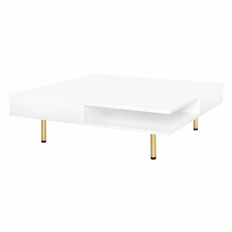 High Gloss Coffee Table: 4 Golden Legs, 2 Drawers, 2-Tier Square Design