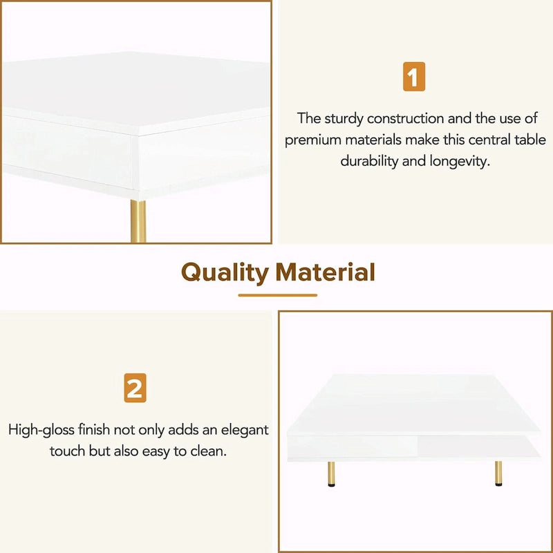 High Gloss Coffee Table: 4 Golden Legs, 2 Drawers, 2-Tier Square Design
