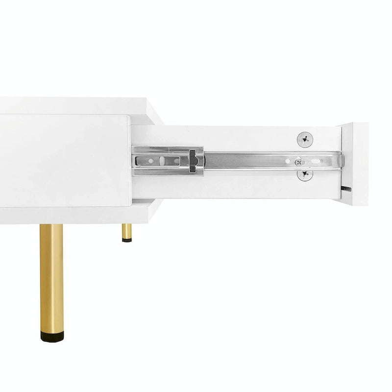High Gloss Coffee Table: 4 Golden Legs, 2 Drawers, 2-Tier Square Design