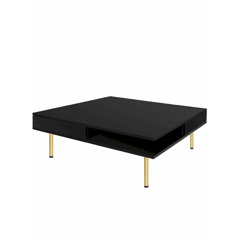 High Gloss Coffee Table: 4 Golden Legs, 2 Drawers, 2-Tier Square Design
