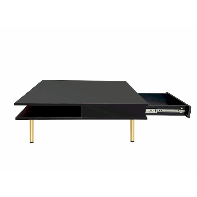 High Gloss Coffee Table: 4 Golden Legs, 2 Drawers, 2-Tier Square Design