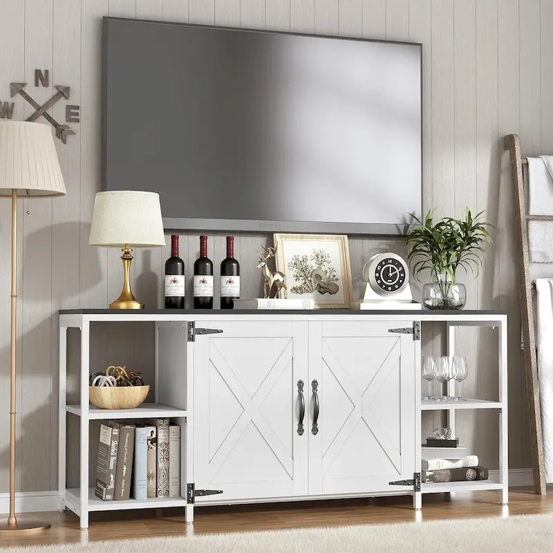 58 Inch Farmhouse TV Stand for up to 65 TV with Doors and Open Shelves