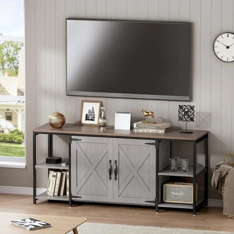 58 Inch Farmhouse TV Stand for up to 65 TV with Doors and Open Shelves