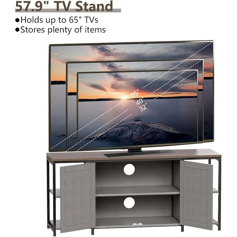 58 Inch Farmhouse TV Stand for up to 65 TV with Doors and Open Shelves