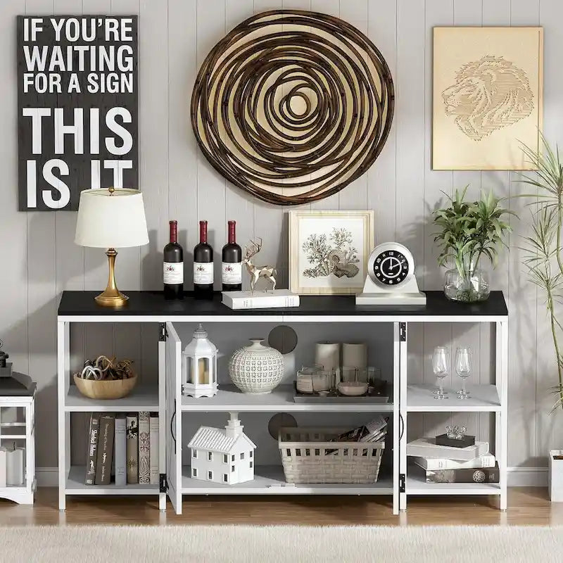58 Inch Farmhouse TV Stand for up to 65 TV with Doors and Open Shelves