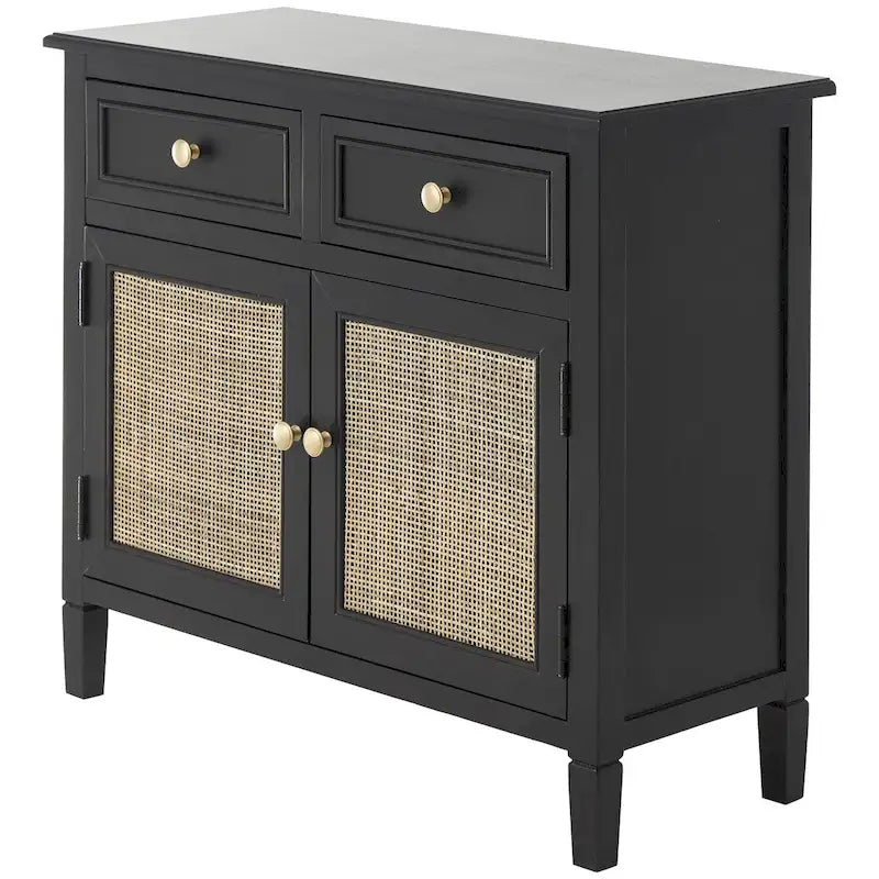 Wood Handmade 2 Drawers and 2 Door Room Cabinet with Rattan Front - Black