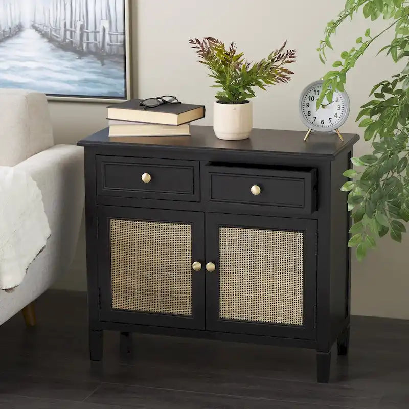 Wood Handmade 2 Drawers and 2 Door Room Cabinet with Rattan Front - Black