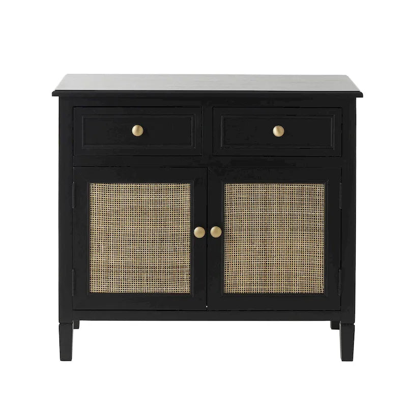 Wood Handmade 2 Drawers and 2 Door Room Cabinet with Rattan Front - Black