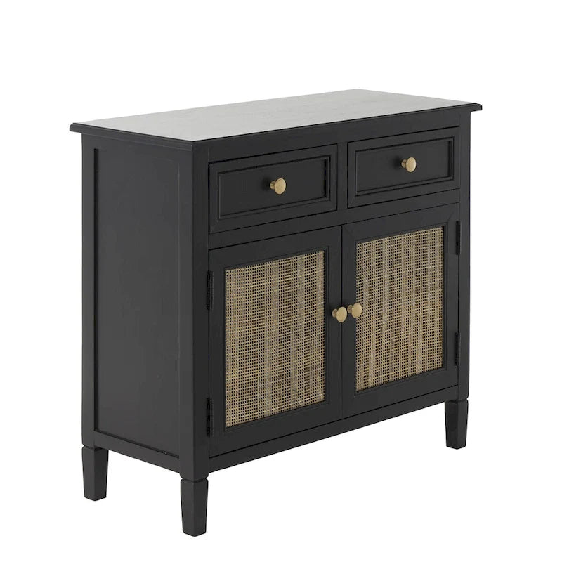 Wood Handmade 2 Drawers and 2 Door Room Cabinet with Rattan Front - Black