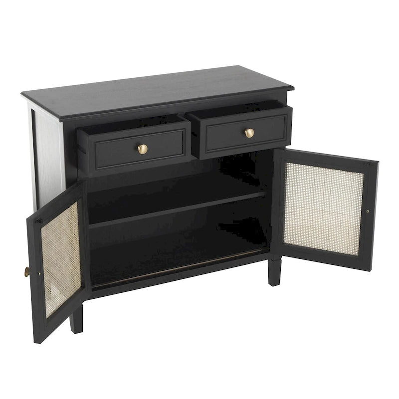 Wood Handmade 2 Drawers and 2 Door Room Cabinet with Rattan Front - Black
